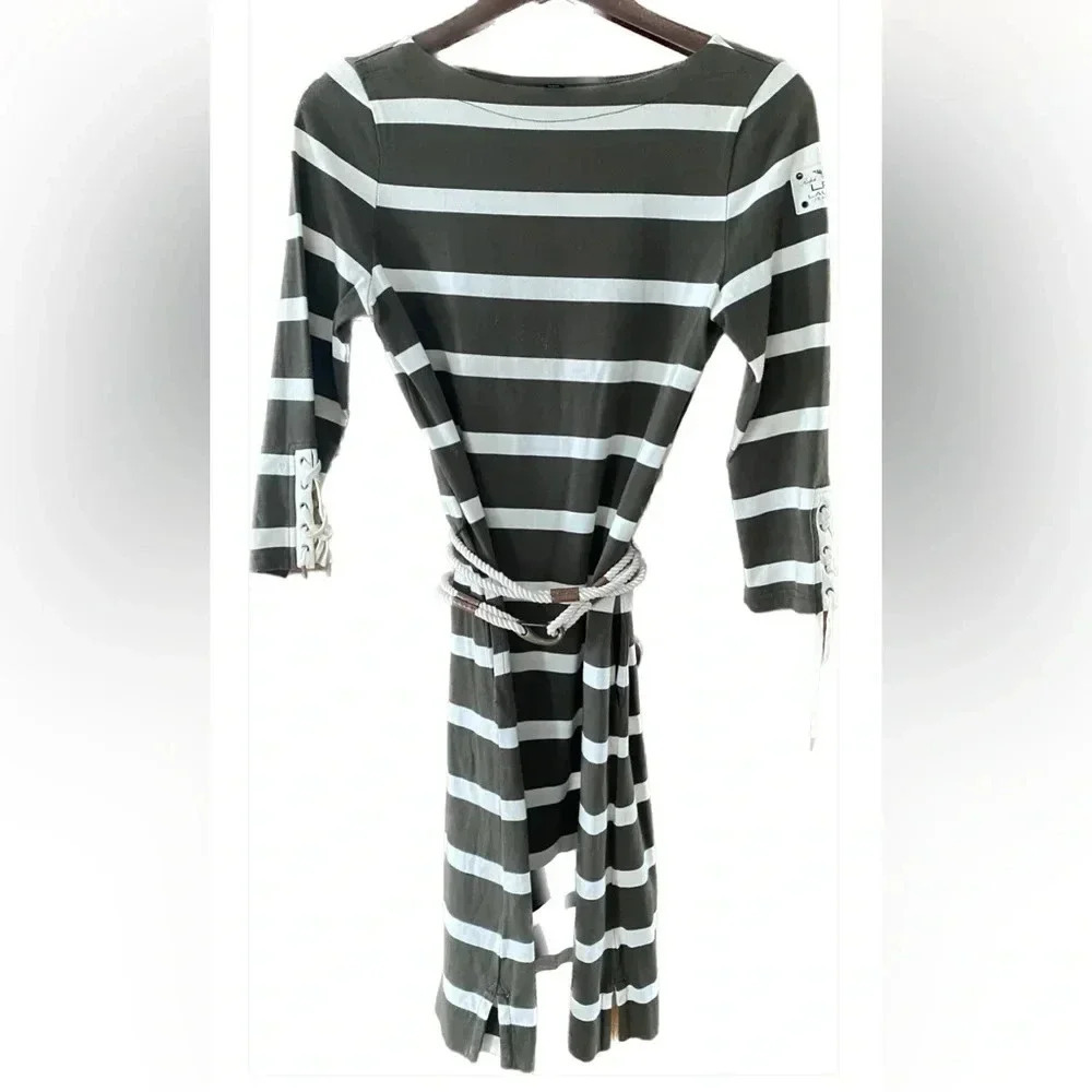 Ralph Lauren Striped Cotton Midi Dress with Belt Side Pockets 3/4 Sleeves XS EUC